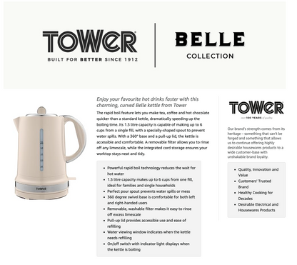 Tower Belle Kettle Rapid Boil T10049CHA - Chantilly Cream