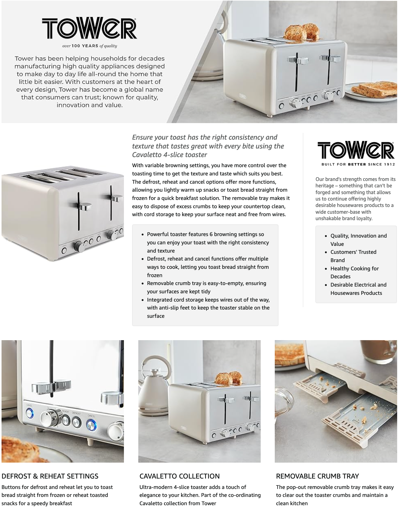 Tower Cavaletto 4 Slice Toaster T20051MSH - (Latte)