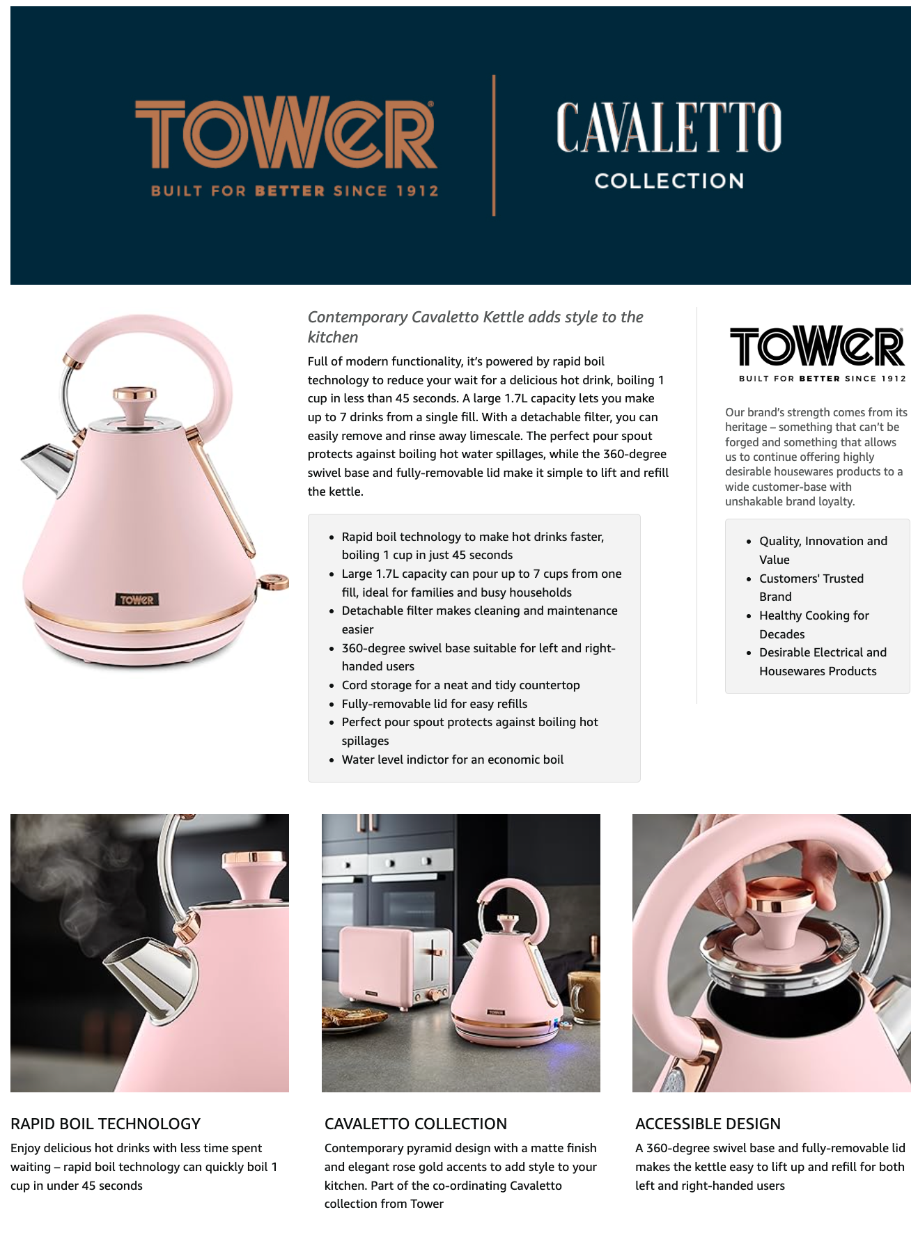 Tower Cavaletto Pyramid Kettle Metal T10044PNK (Marshmallow Pink)