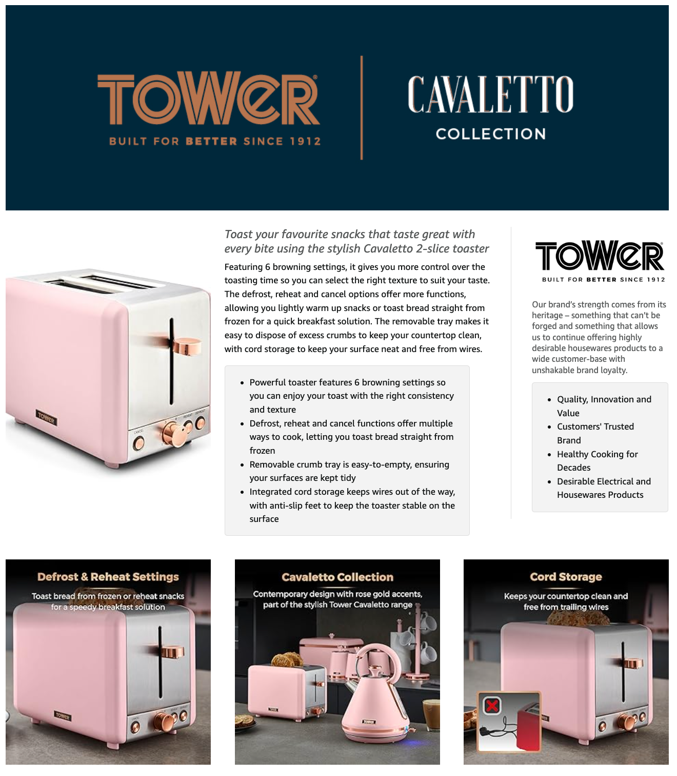 Tower Cavaletto 2 Slice Toaster Metal T20036PNK (Marshmallow Pink)