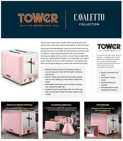 Tower Cavaletto 2 Slice Toaster Metal T20036PNK (Marshmallow Pink)