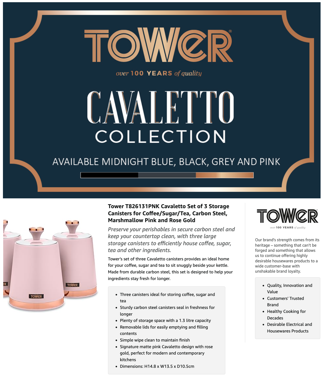 Tower Cavaletto Canister Set Kitchen Jars T826131PNK (Marshmallow Pink)