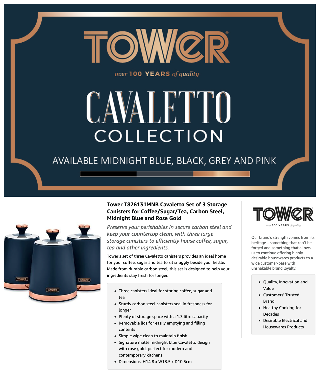 Tower Cavaletto Canister Set Kitchen Jars T826131MNB (Midnight Blue)