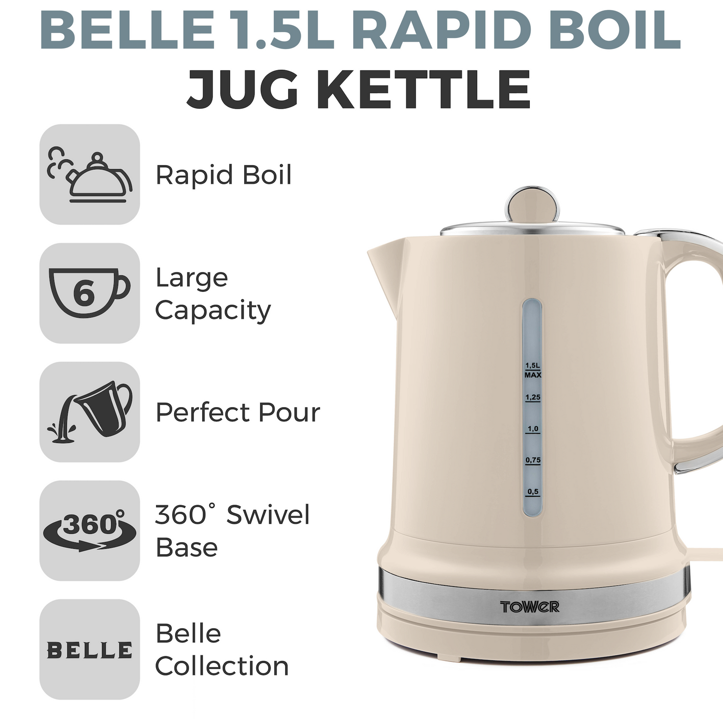 Tower Belle Kettle & 2 Slice Toaster Kitchen Set - Chantilly Cream