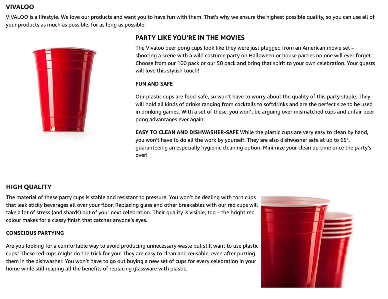 Vivaloo red plastic party cups info panel with small cup images on white