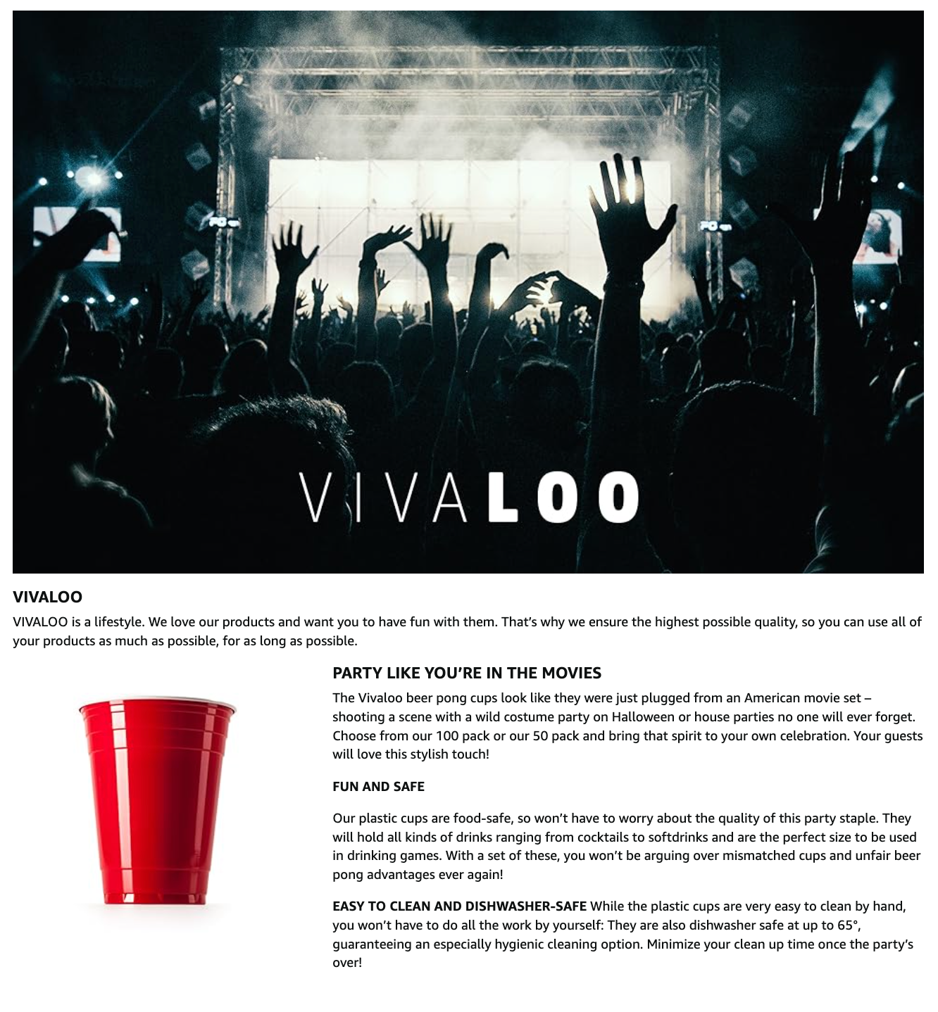 Vivaloo red party cups promotional layout with crowd silhouettes and cup photo
