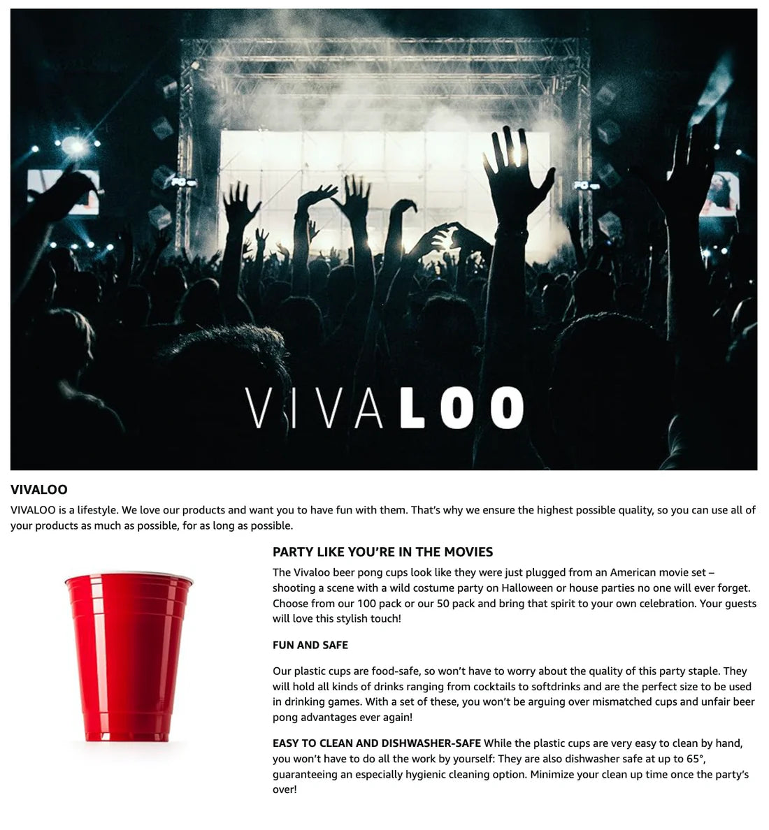 VIVALOO party cups pack page with dark concert scene, brand and product text