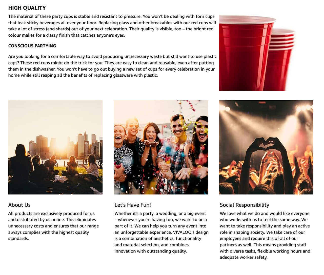 Promotional layout with red disposable party cup details and small cup images