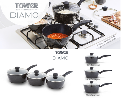 Tower Diamo 3pc Cookware Set, Saucepans Lids Diamond Non-Stick Coating