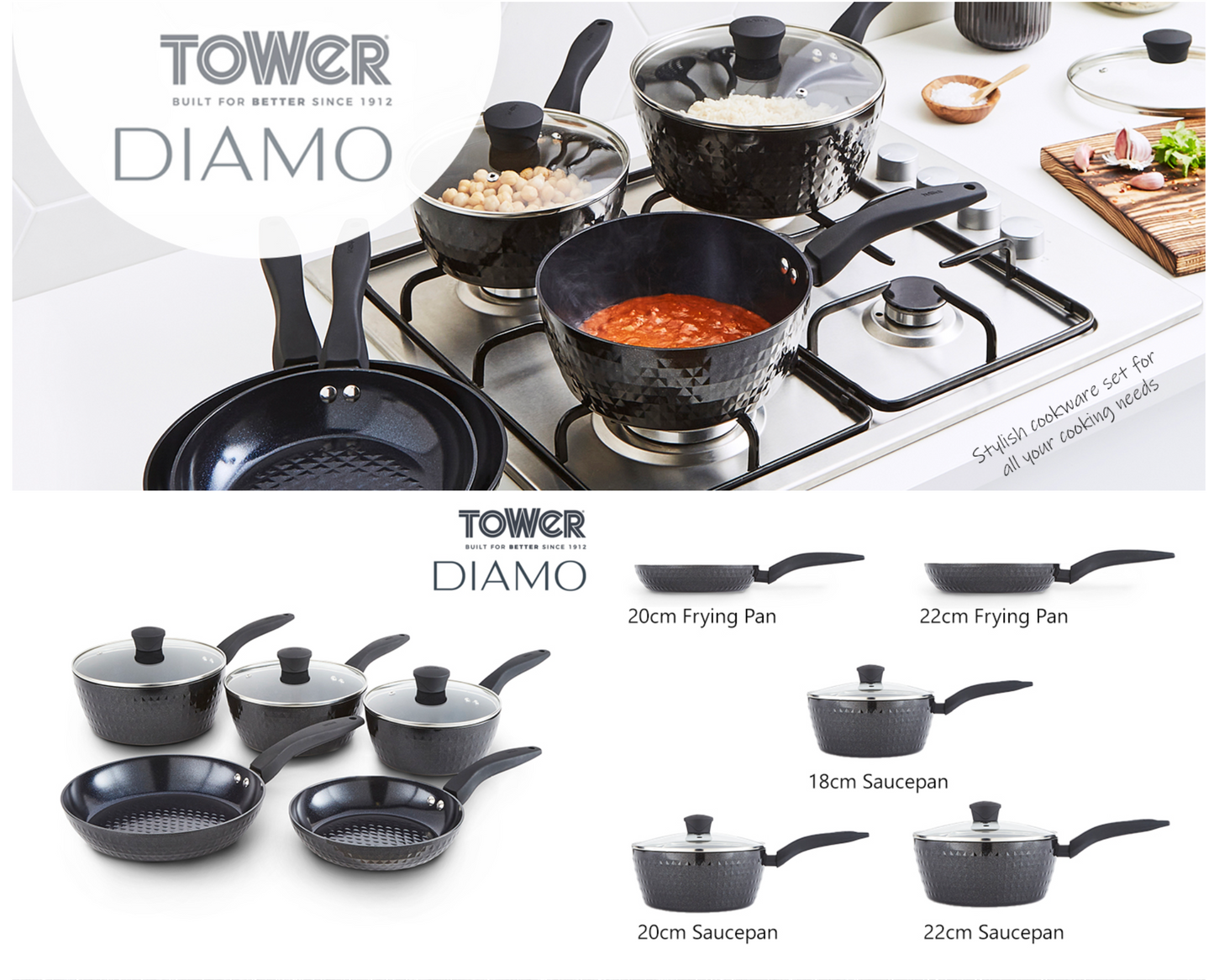 Tower Diamo 5 Piece Cookware Set 18/20/22cm Saucepans with Tempered Lids T900130