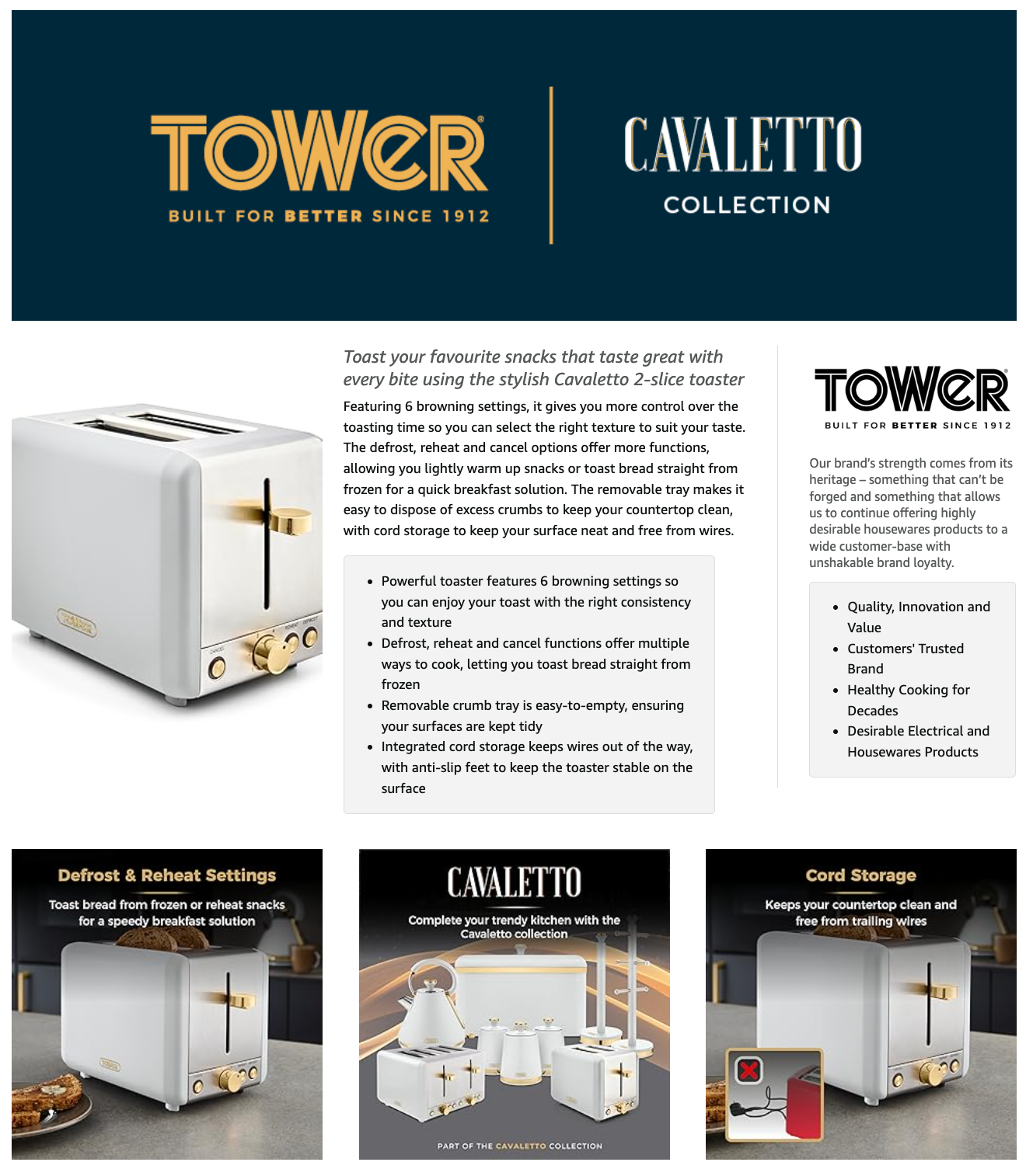 Tower Cavaletto White Kitchen Set - Kettle, Toaster, Bread Bin & Canisters