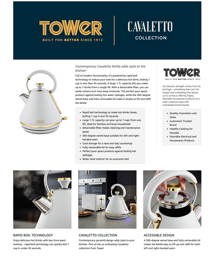 Tower T10044WHT Cavaletto Pyramid Kettle with Fast Boil, Detachable Filter, 1,7L, 3000W, Optic White and Champagne Gold