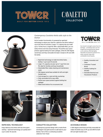 Tower Cavaletto Pyramid Kettle Fast Boil T10044RG (Black)