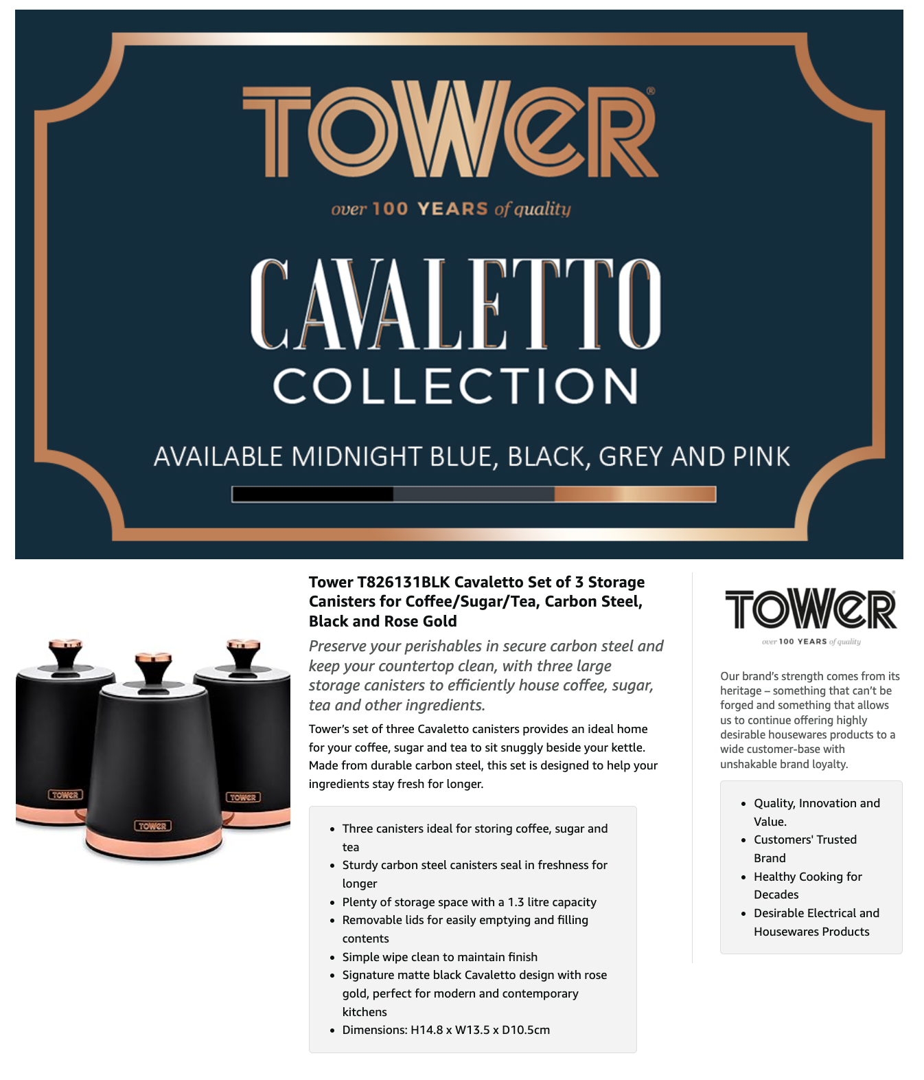 Tower Cavaletto Bread Bin & Canisters Matching Kitchen Set (Black)