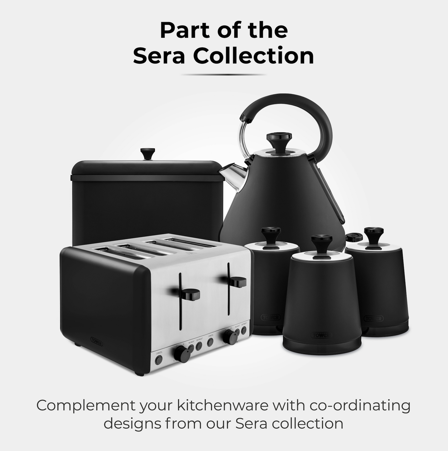 Tower Sera Kettle, 4 Slice Toaster, Bread Bin & Canisters (Black)