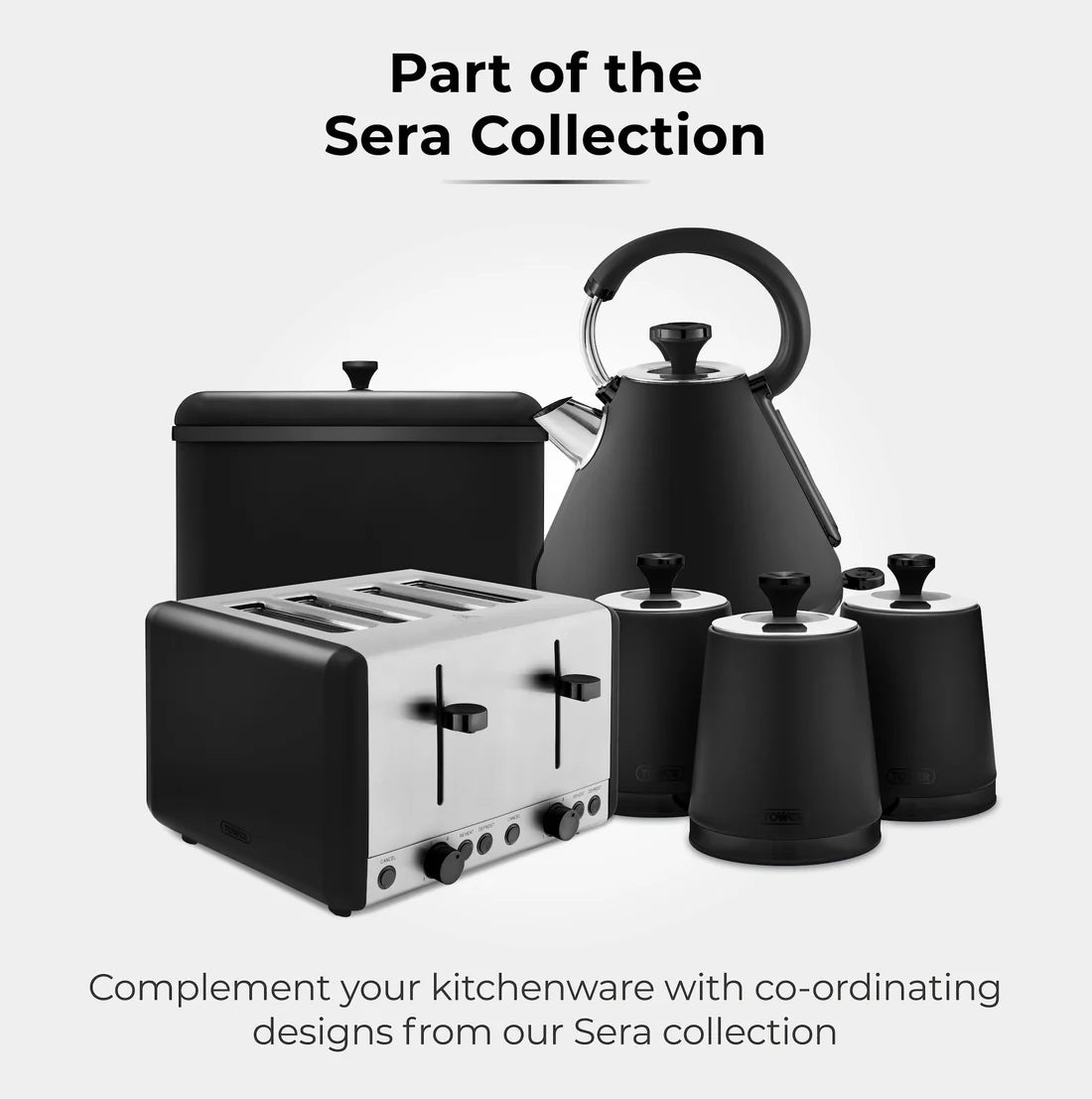 Tower Sera Kettle, 4 Slice Toaster & Canisters Kitchen Set (Black)