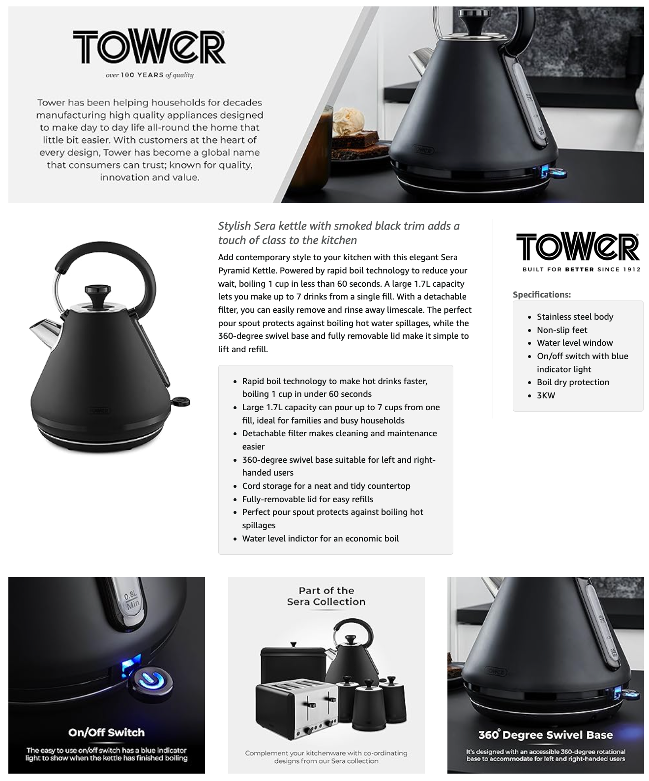 Tower Sera Pyramid Kettle 1.7L 3KW T10079BLK (Black)