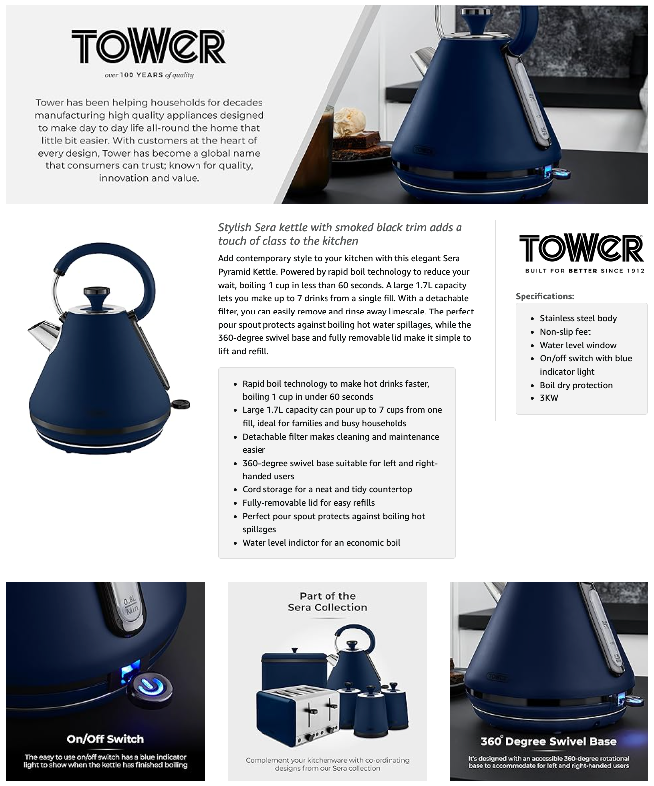 Tower Sera Pyramid Kettle 1.7L 3KW T10079MNB (Midnight Blue)