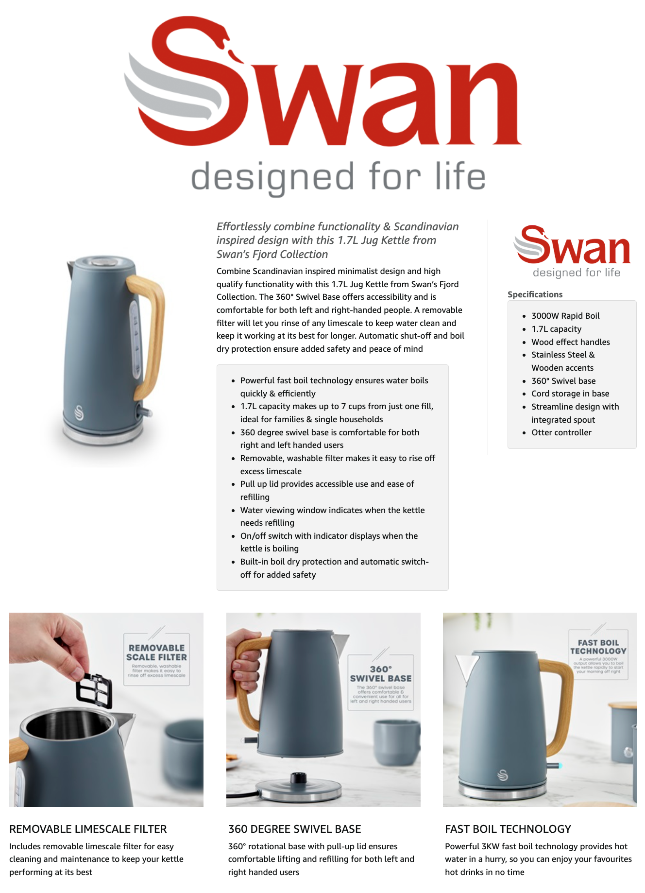 Swan Fjord 1.7L Jug kettle Wooden Accents SK19024GRY (Grey)