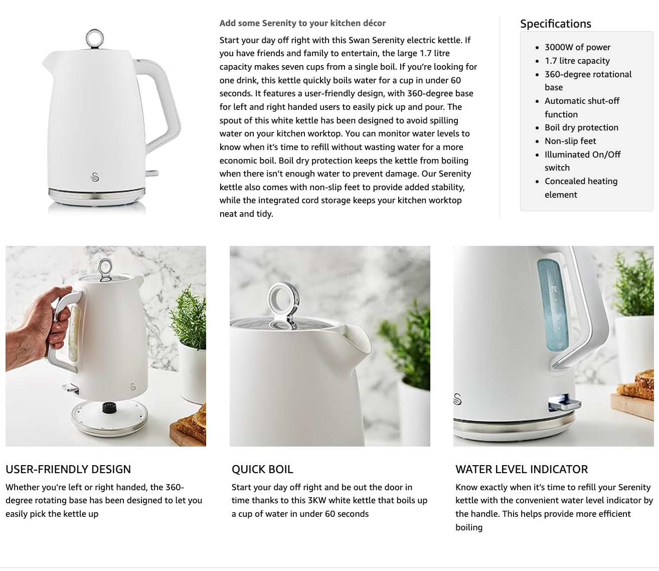 Swan Serenity Kettle & 4 Slice Toaster Kitchen Set (White)