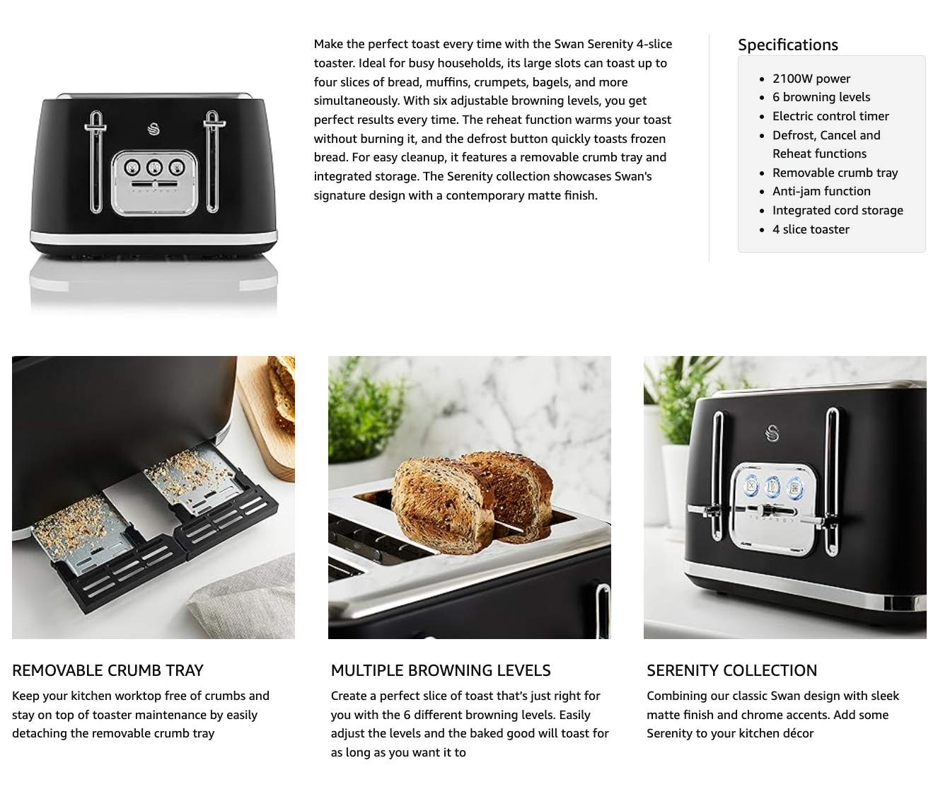 Swan Serenity 4 Slice Toaster Matt Finish ST19024BLK (Black)