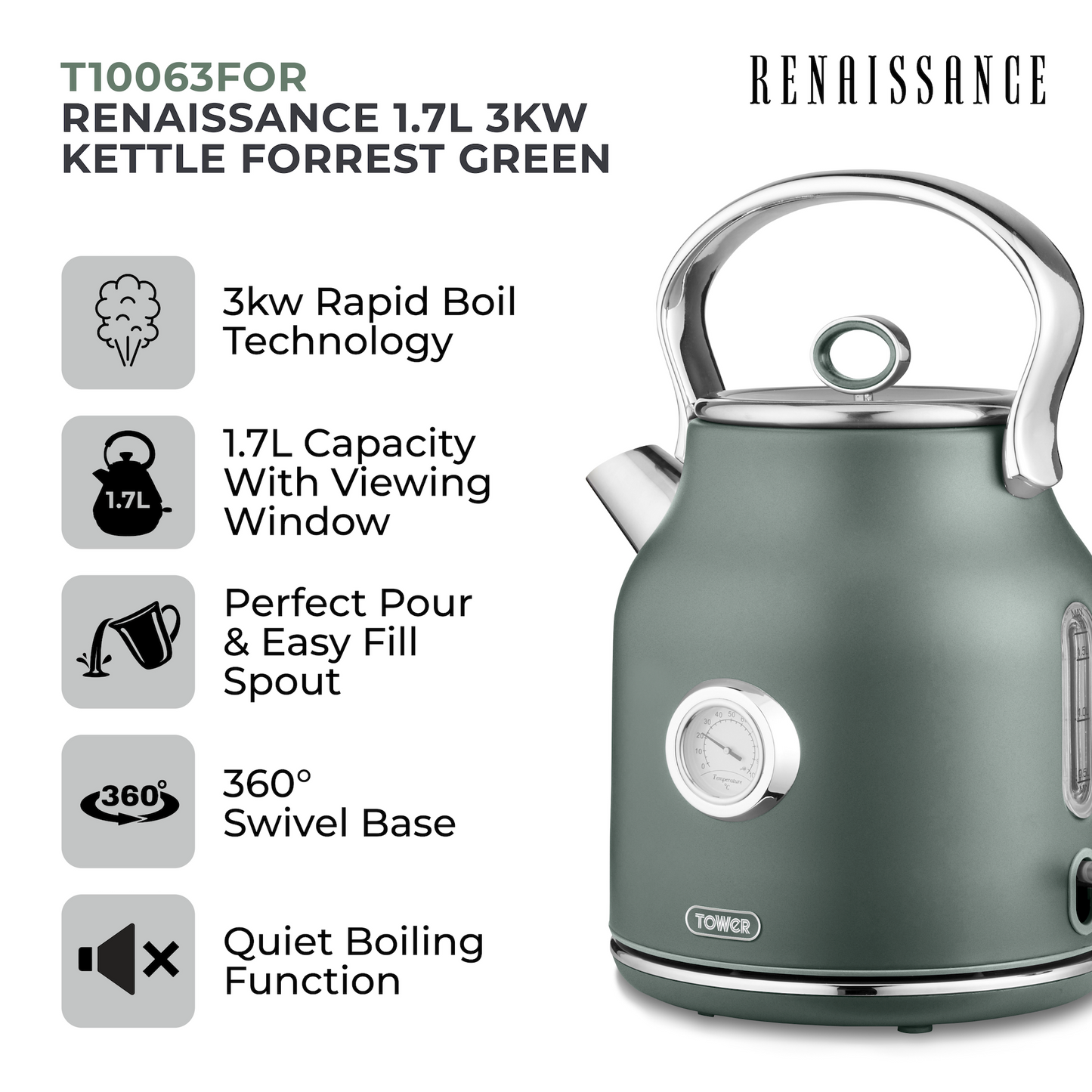 Tower Renaissance Kettle & Toaster Kitchen Set (Forest Green)