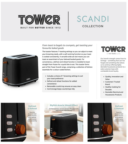 Tower Scandi 2 Slice Toaster Wooden Accents T20027BLK (Black)