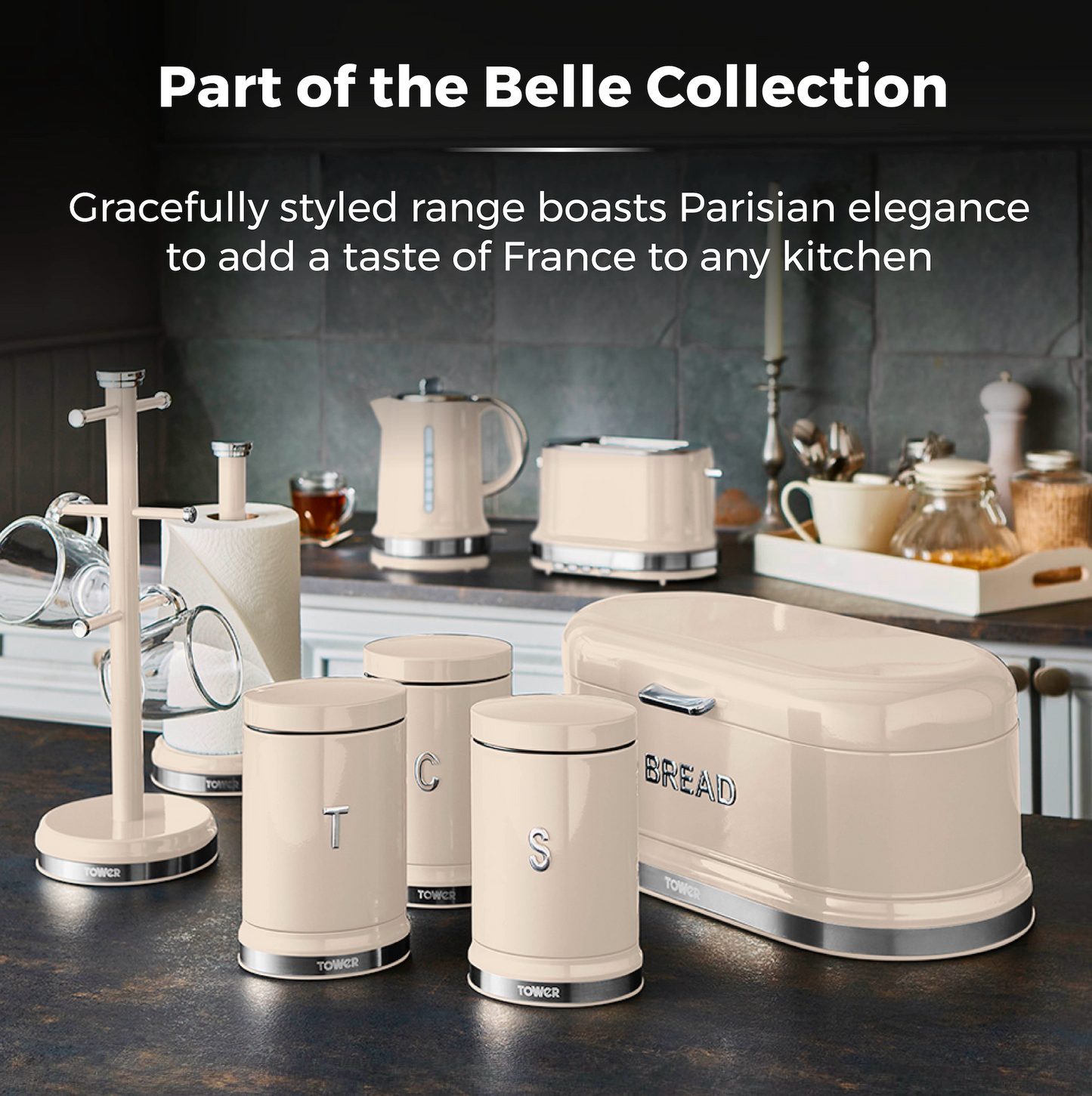 Tower Belle Canisters & Bread Bin Kitchen Set (Chantilly Cream)