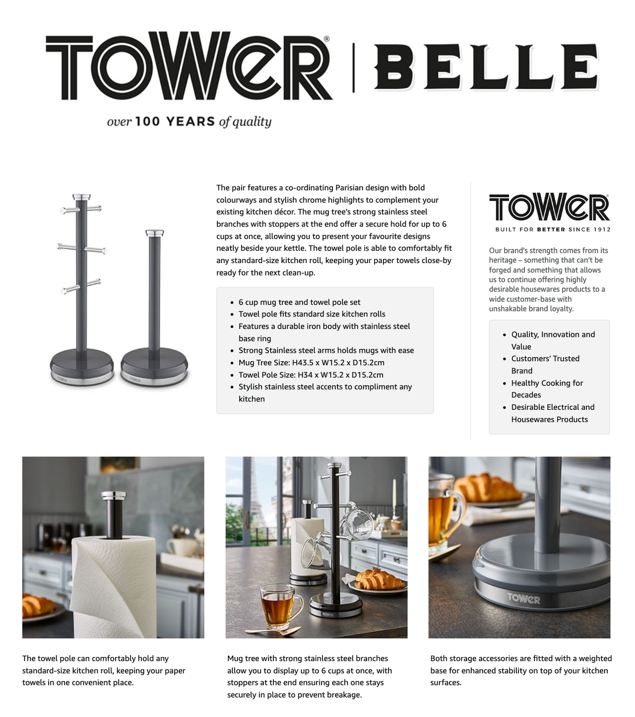 Tower Belle mug tree and towel pole kitchen set with two weighted graphite stands