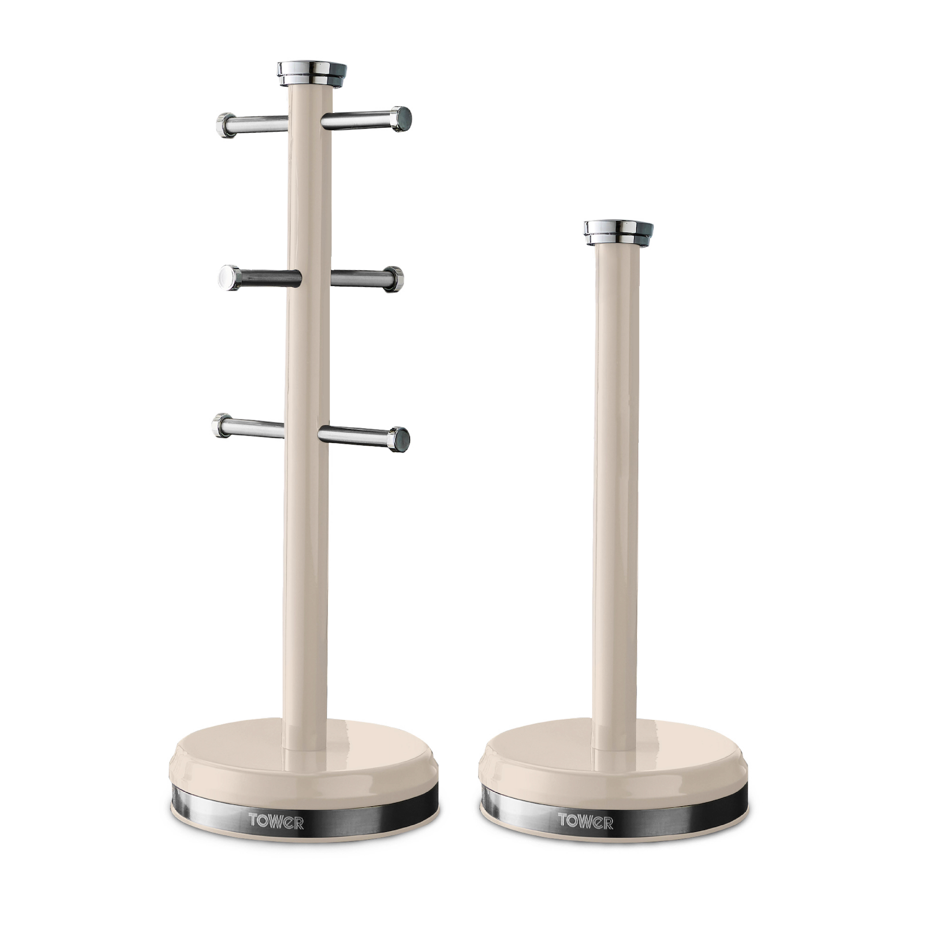 Chantilly cream mug tree and towel pole stand with chrome arms and weighted round bases
