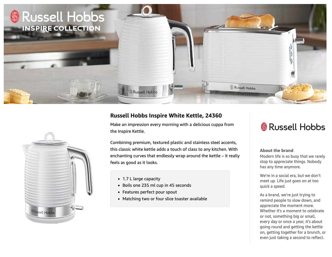 Russell Hobbs Inspire Cordless Kettle 24360 (White)