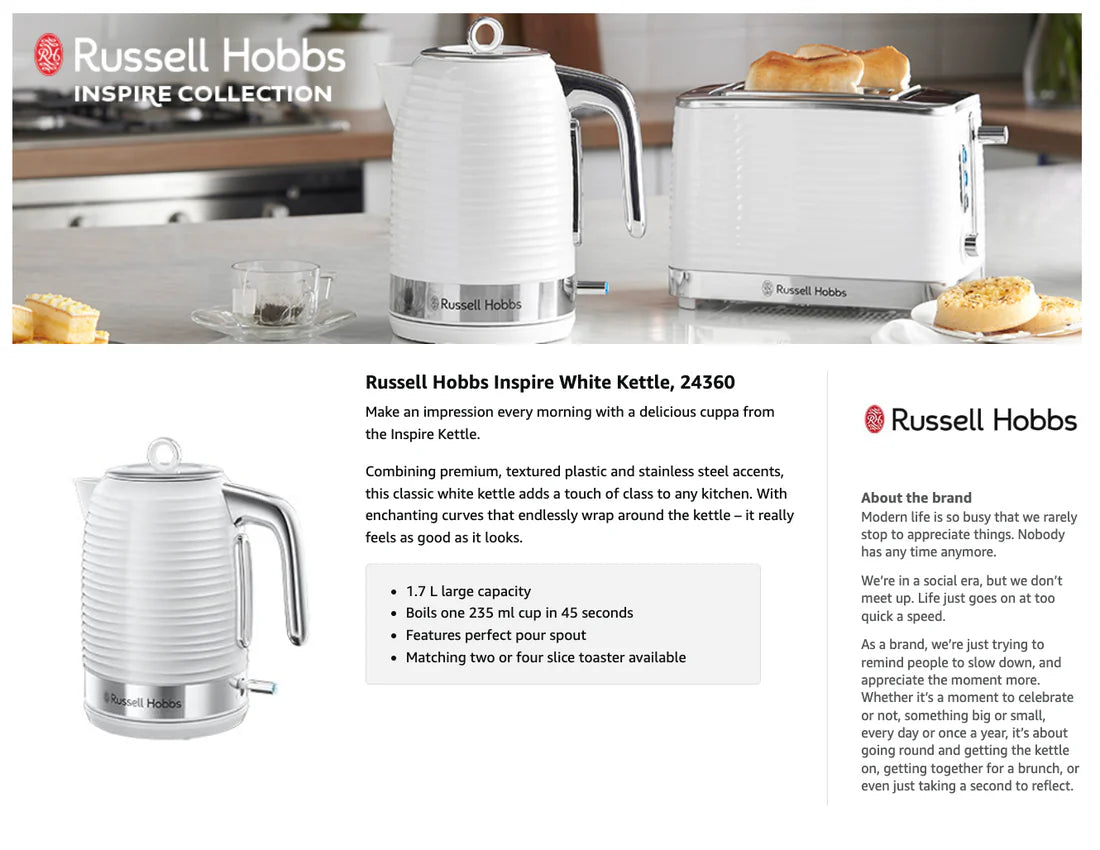 Russell Hobbs Inspire Kettle & 4 Slice Toaster Kitchen Set (White)