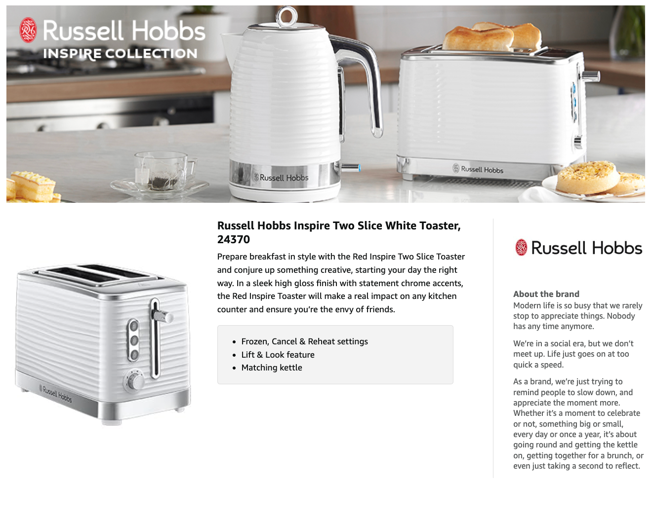 Russell Hobbs Inspire 2 Slice Toaster Extra Wide Slots 24370 (White)