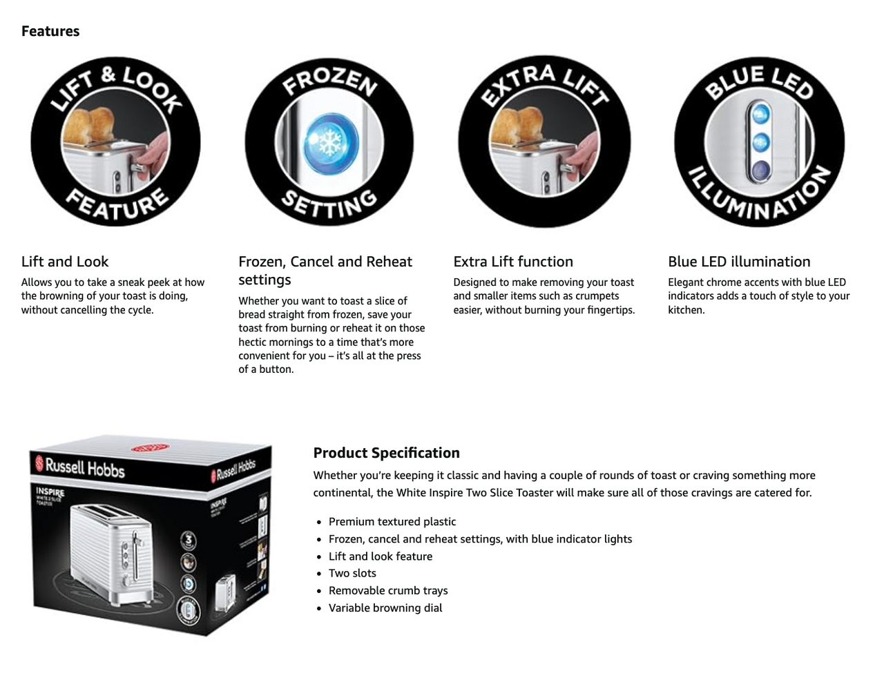 White 2-slice toaster feature icons: Frozen, extra lift, and blue LED illumination