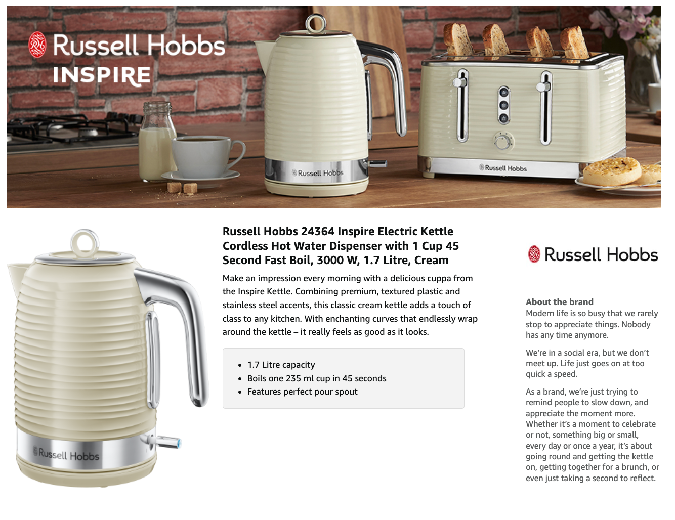 Russell Hobbs Inspire Jug Kettle 24364 (Cream).
