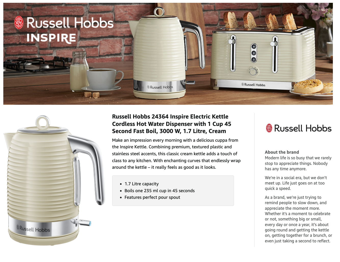 Russell Hobbs Inspire Kettle & Toaster Kitchen Set (Cream)