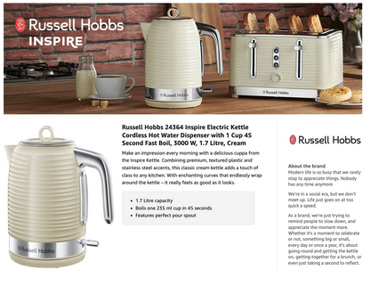 Russell Hobbs Inspire Kettle & Toaster Kitchen Set (Cream)