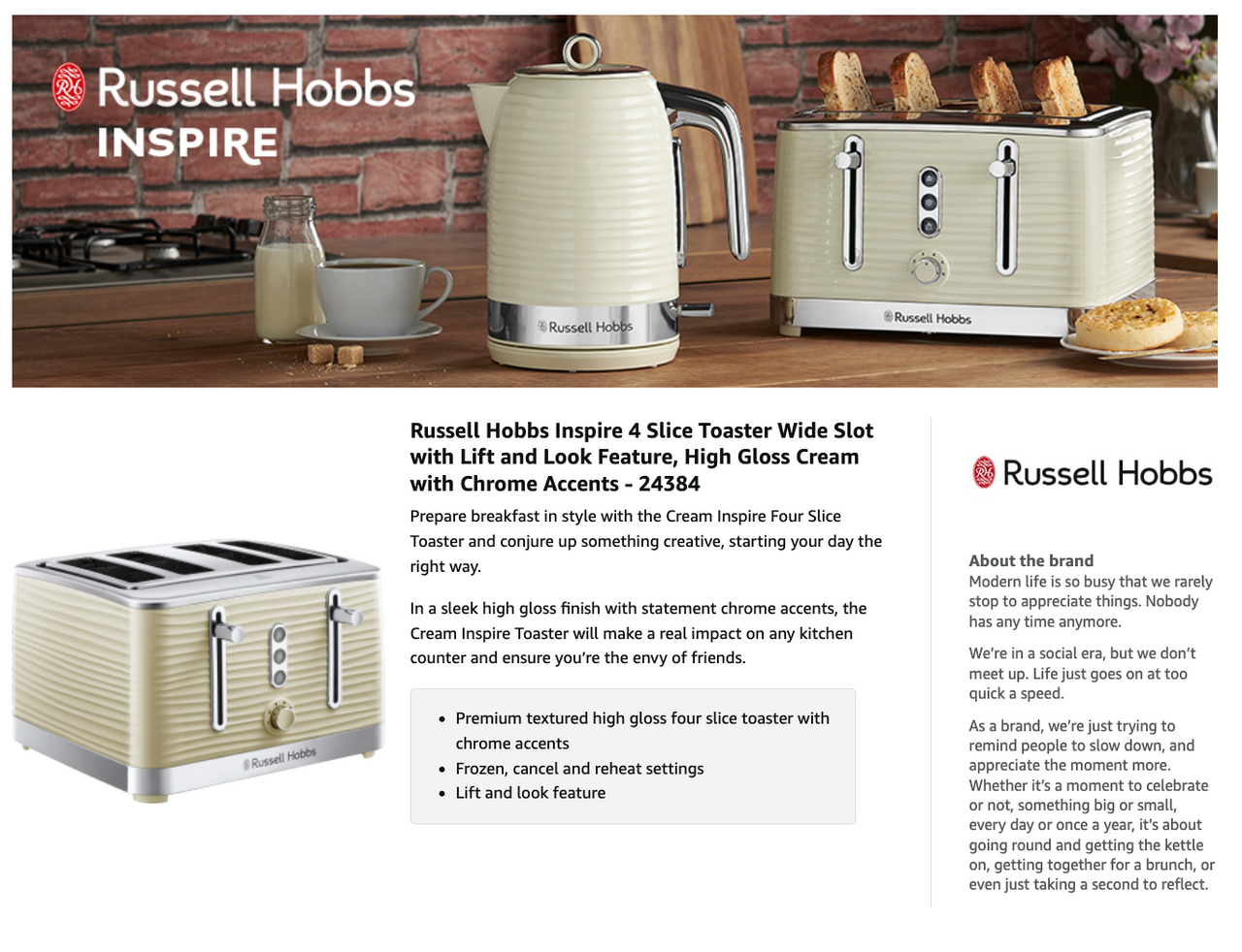 Cream 4-slice toaster lifestyle scene with two units and toasted bread