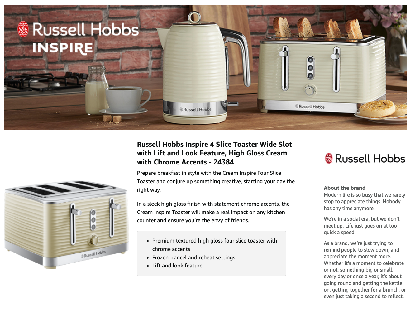 Russell Hobbs Inspire 4 Slice Toaster High Gloss 24384 (Cream)