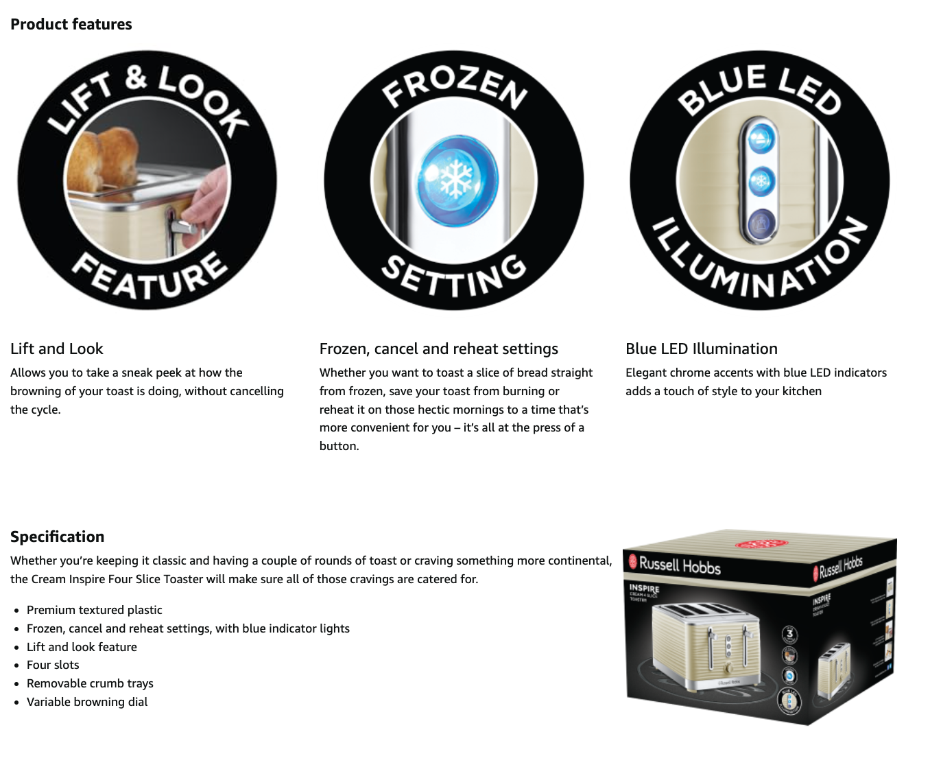 Cream 4-slice toaster on retail box, showing blue LED illumination and frozen setting icons