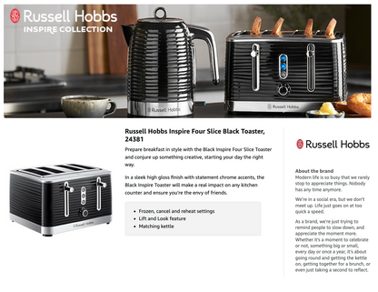 Russell Hobbs Inspire 4 Slice Toaster Extra Wide Slots 24381 (Black)