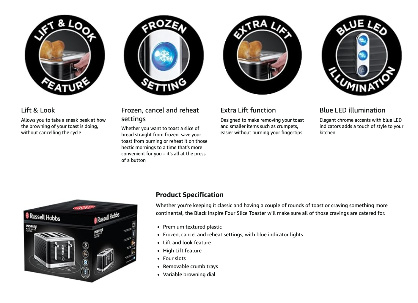 Black 4-slice toaster with lever and control dials; blue LED feature icons.