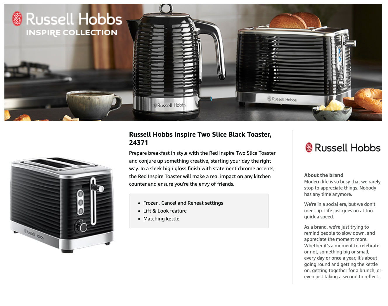Russell Hobbs black 2-slice toaster with browning controls and side lever