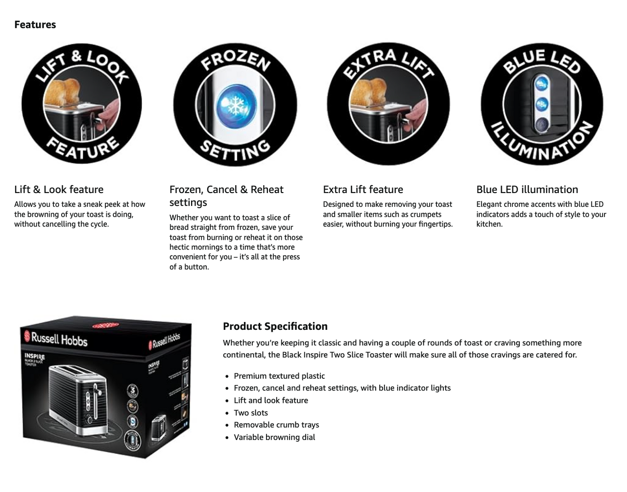 Russell Hobbs Inspire toaster product box with feature icons and toaster image