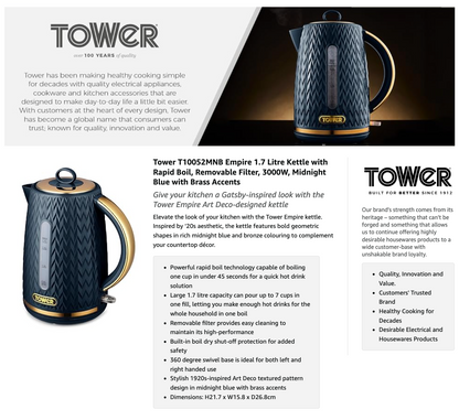 Tower Empire Kettle Brass Accents T10052MNB (Midnight Blue)