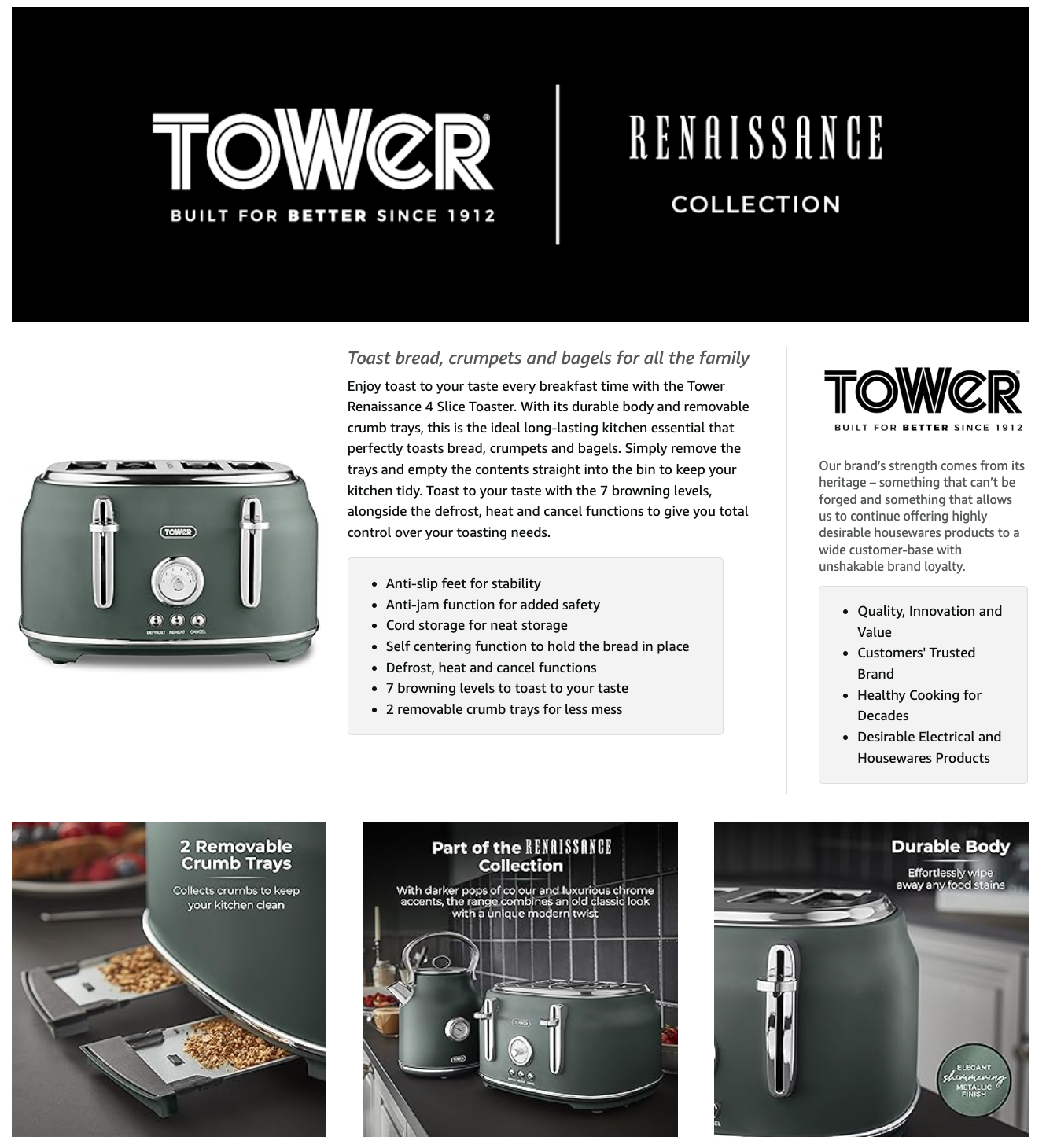 Tower Renaissance 4 Slice Toaster T20065FOR (Forest Green)