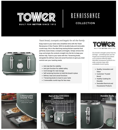 Tower Renaissance 4 Slice Toaster T20065FOR (Forest Green)