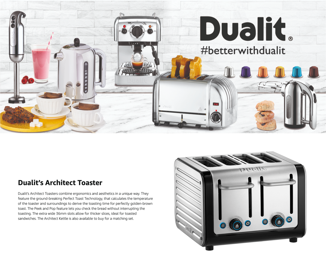 Grey 4-slice Dualit toaster with four slots and blue control buttons on a counter