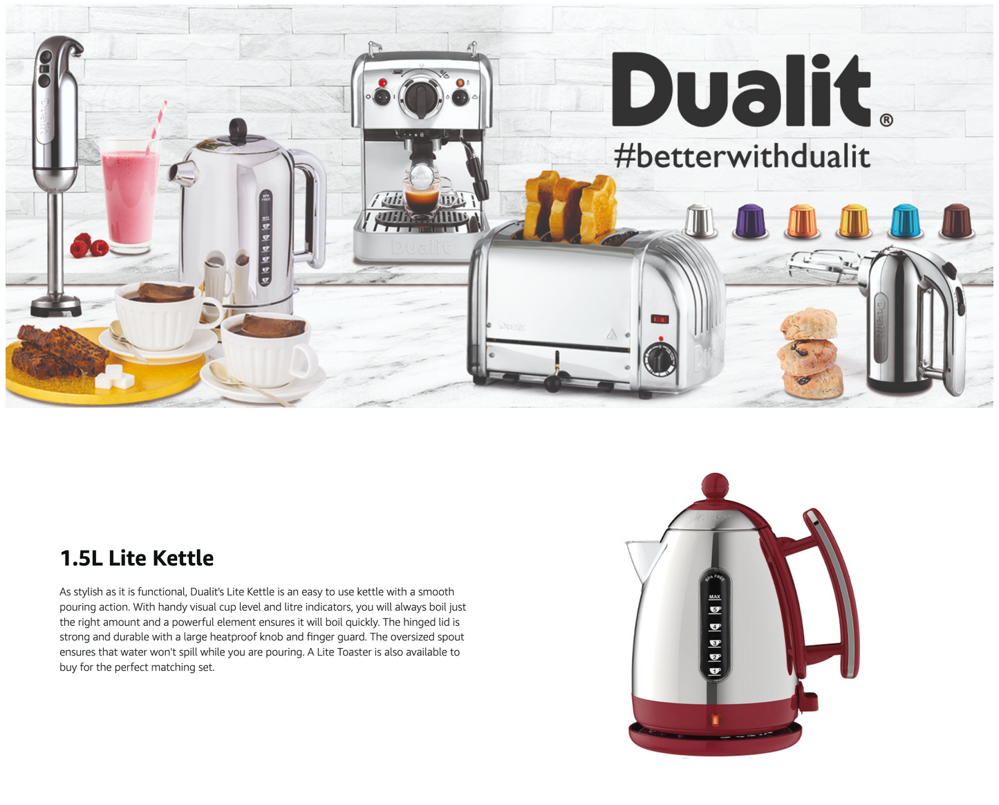 Dualit Lite Kettle with Fast Boiling Technology 72001 (Red Trim)