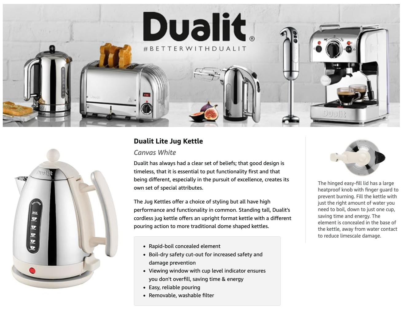 Dualit Lite Jug Kettle & 2 Slice Toaster Matching Kitchen Set (Canvas White Trim)